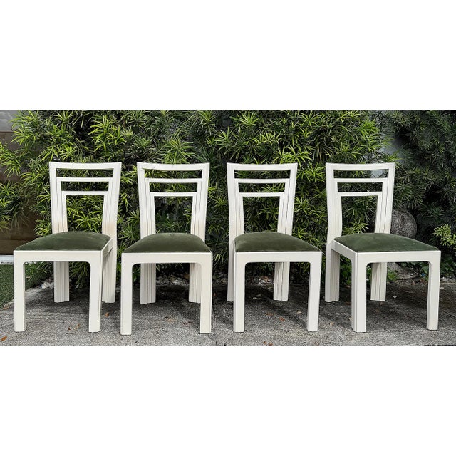 1980s Postmodern lacquered Dining Chairs Newly Reupholstered - Set of 4 Offered for sale is a set of 4 1980s Postmodern...