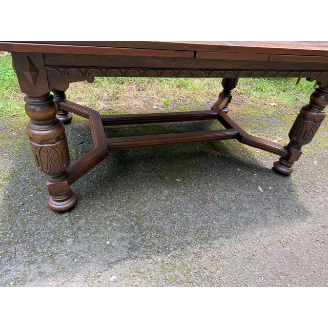 Wood Early 20th Century Antique Jacobean Style Carved Oak Draw Leaf Dining Table For Sale - Image 7 of 16