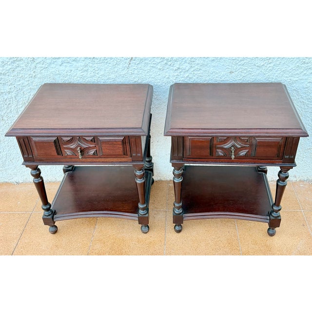 Brown Spanish Carved Wood Bedside Tables with Lower Shelves, 1940s, Set of 2 For Sale - Image 8 of 11