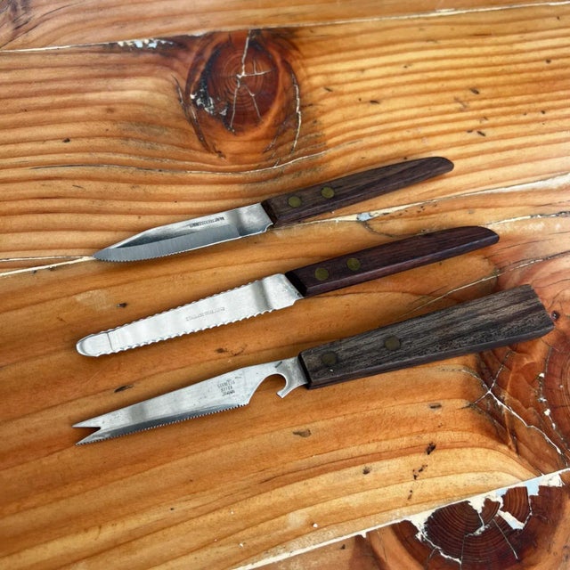 AMBIANIC presents 1960sJapanese Knife Set of three pieces. Rosewood & Stainless-Steel Cheese prong tip bar knife, All-...