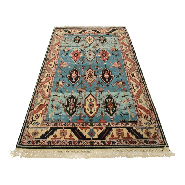 Heriz Rug 5’11” X 8’11” Blue Wool Vintage Tribal Hand-Knotted Oriental Carpet For Sale