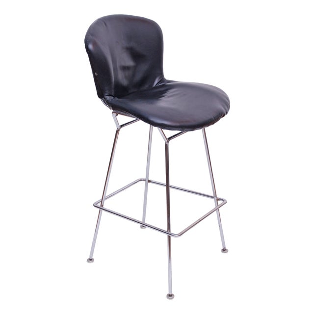 Vintage Bar Stools in Leather and Black Chrome by Harry Bertoia for Knoll International, 1980s, Set of 2 For Sale