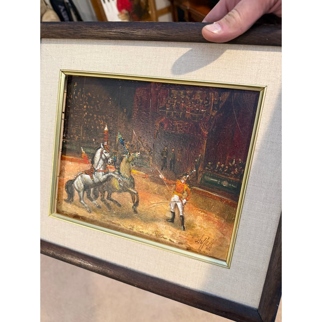 Vintage Pair of Signed Oil Paintings - Circus & Equestrian Scenes by D. Hall, 1965-66 For Sale - Image 10 of 10