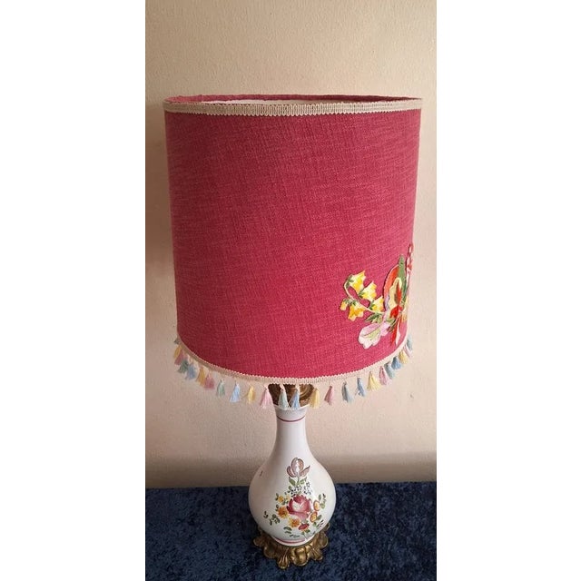 Vintage White Ceramic and Bronze Table Lamp with Colored Flower Decor and Handmade Fabric Shade, 1980s For Sale - Image 6 of 9