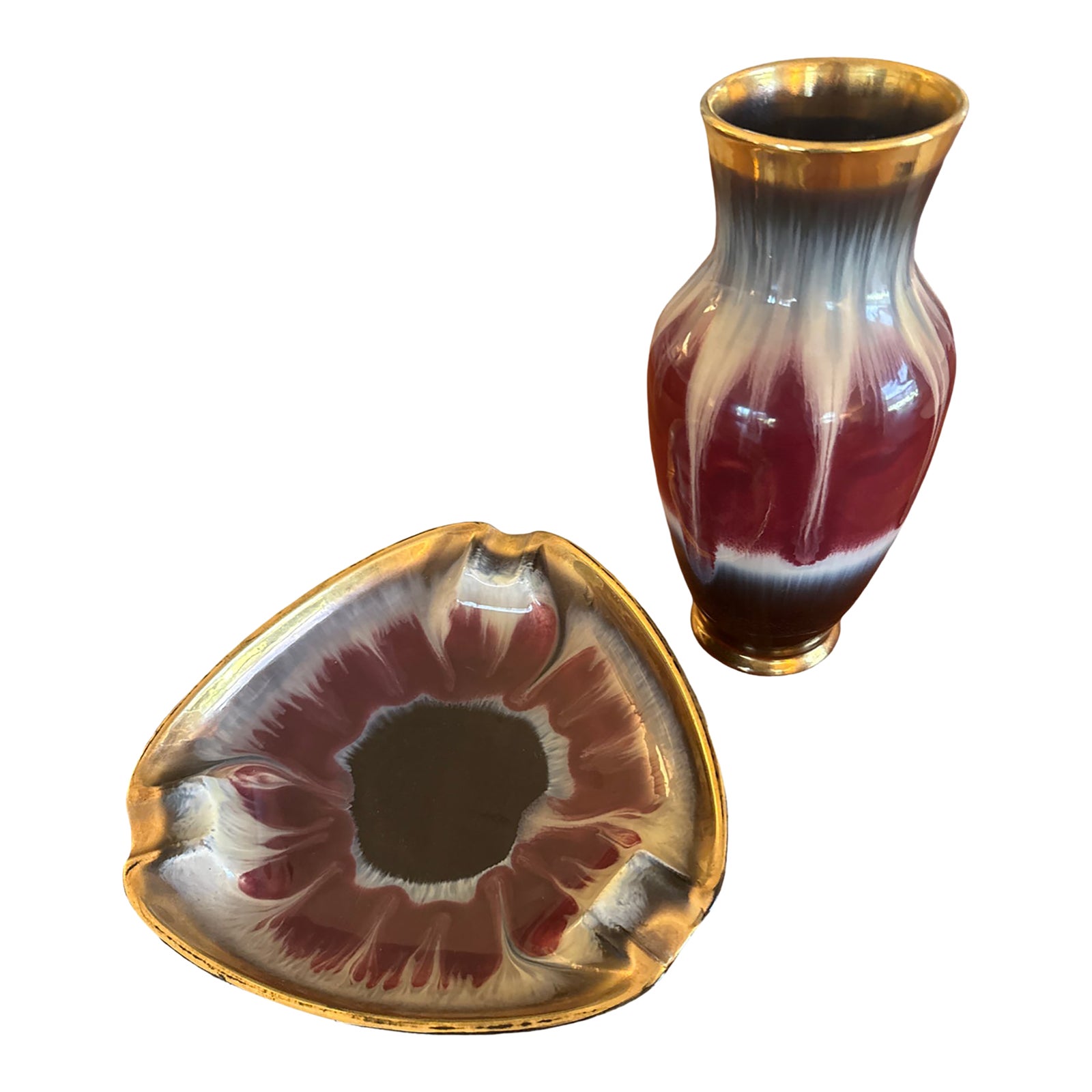 1960s German Flambe and Gold Luster Vase and Ashtray Set Dumler ...