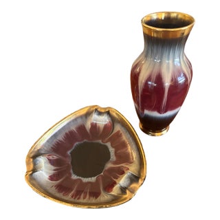 1960s German Flambe and Gold Luster Vase and Ashtray Set Dumler & Breiden For Sale