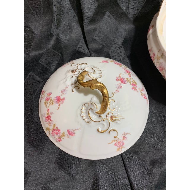 Antique French Limoges Pink and Lavender Flowers Round Serving Dish With Lid by Elite Works For Sale - Image 11 of 13