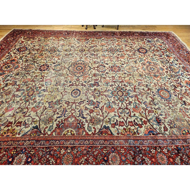 Ivory Antique Persian Ziegler Mahal Sultanabad Rug, Hand-Knotted Wool, Geometric Pattern, 11x14, Ivory & Red For Sale - Image 8 of 17