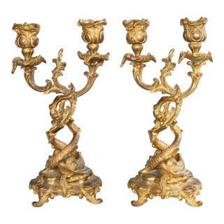 19th Century French Rococo Gilt Bronze Dolphin Candelabras - A Pair For Sale