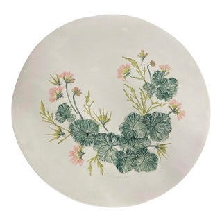 Vintage Hand-Painted Botanical Pelargonium 3d Relief Ceramic Platter For Sale