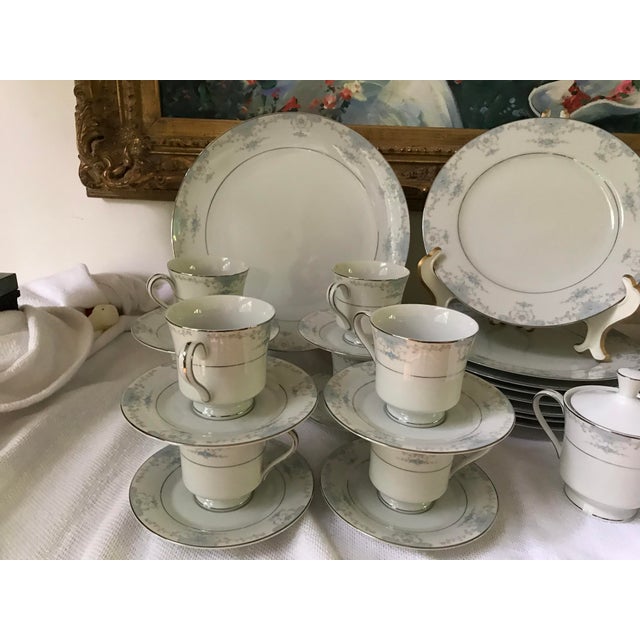 Vintage , Fashion Royale Fine China Heirloom Blue White Silver Rim Set