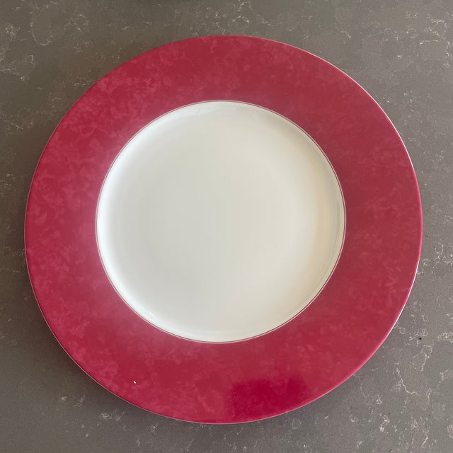 Set of three beautiful Christofle 12.5inch round dinner/charger plates. Micro Gold. Each in a different color. Microwave...