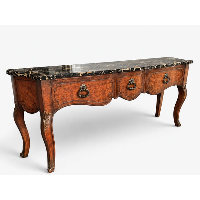 French Provincial 1970s Monumental Mastercraft Burl Wood & Black Marble Console Table, 80” For Sale - Image 3 of 16