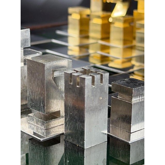 Custom Metal Chess Set with Glass Board and Storage Box in the style of Hermès, 1980s, Set of 33 For Sale - Image 12 of 17