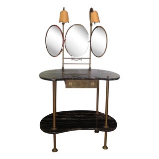 Italian Marble & Brass Lighted Vanity For Sale