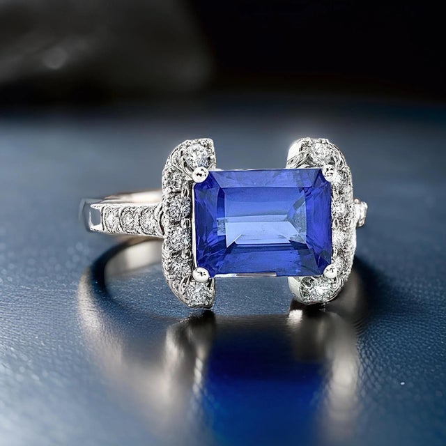 Natural Tanzanite Diamond Ring Size 6.5 14k W Gold 3.89 TCW Certified For Sale - Image 10 of 12