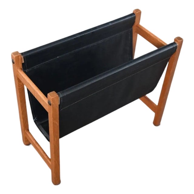 Danish Teak + Vinyl Magazine Rack, 1960s For Sale