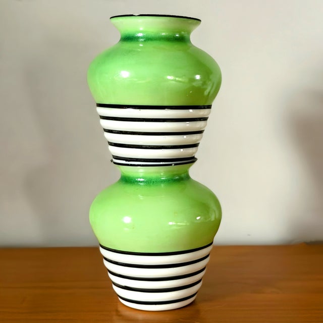 Glass Green & White Glass Vase Duo | Art Deco For Sale - Image 7 of 12