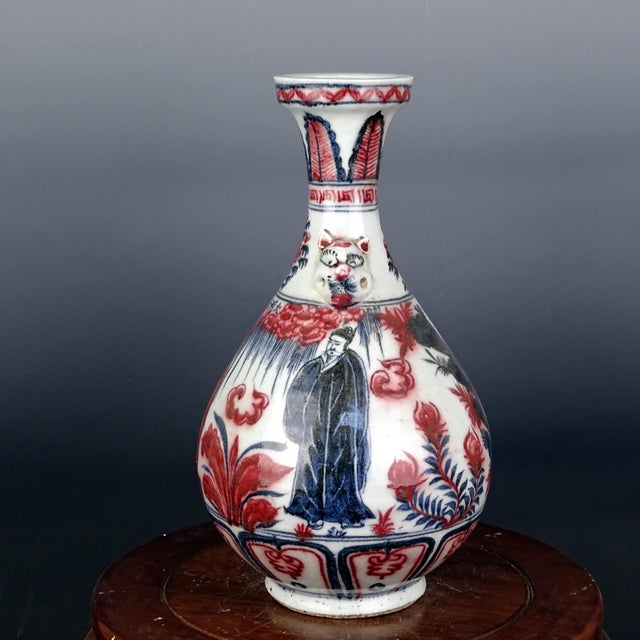Chinese Vintage Ceramic Vase,Ming Dynasty Hongwu Marked Blue and White Underglaze Red Porcelain Yuhuchun Vase Hand Painted Figures Pattern For Sale - Image 4 of 8