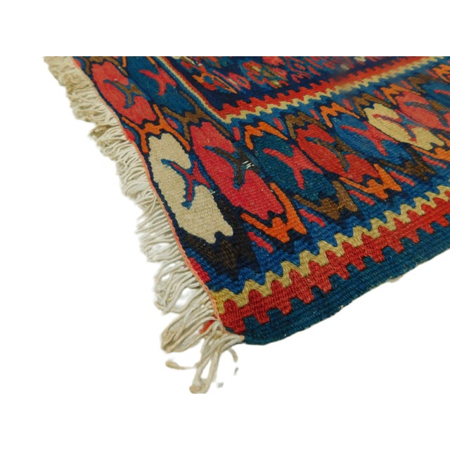 A large medallion containing an inner medallion on a blue field. The pattern is called Herati. Wool on cotton foundation....