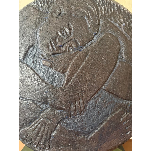1970s Mid Century Brutalist Studio Pottery Sculpture | Wpa Influence | Male Female Figural Relief | Blue Black Ceramic For Sale - Image 5 of 12