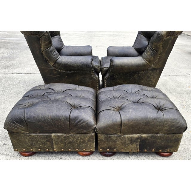 Vintage Henredon for Ralph Lauren English Chesterfield Leather Chair & Ottoman a Pair For Sale - Image 14 of 18