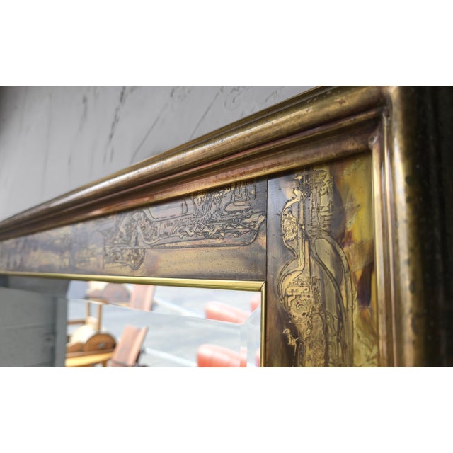 Metal Large Brass Wall Mirror With Etched Bronze by Mastercraft For Sale - Image 7 of 9