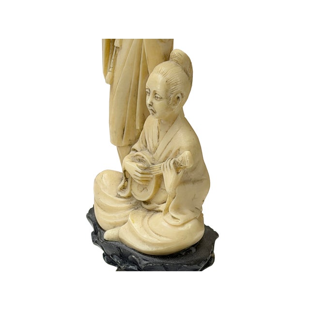Vintage Asian Cow Bone Carved Lady W Gentleman Music Playing Figure Art For Sale - Image 9 of 11