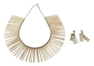 Vintage Gold Tone Metal Spoke Collar Necklace and Earring Set- Set of 3 70's