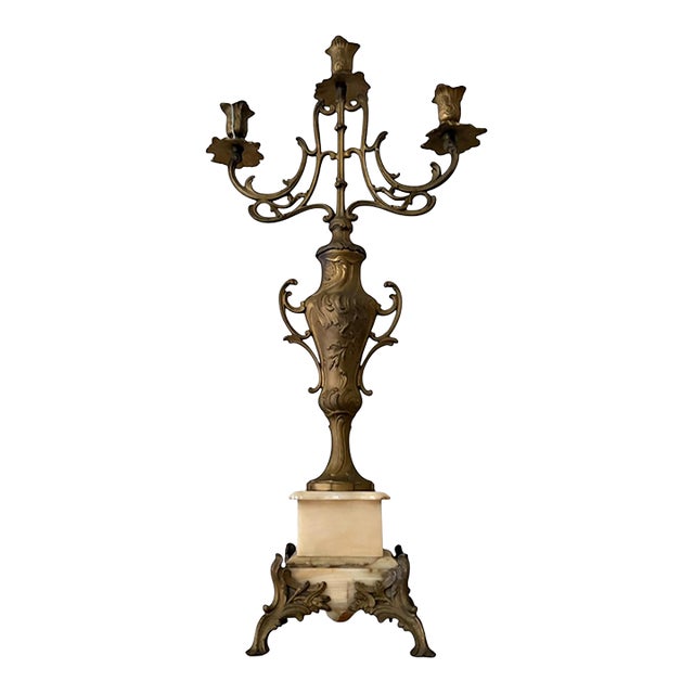 Pair of Antique Italian Bronze Candelabras With Marble Bases – 25” Tall For Sale