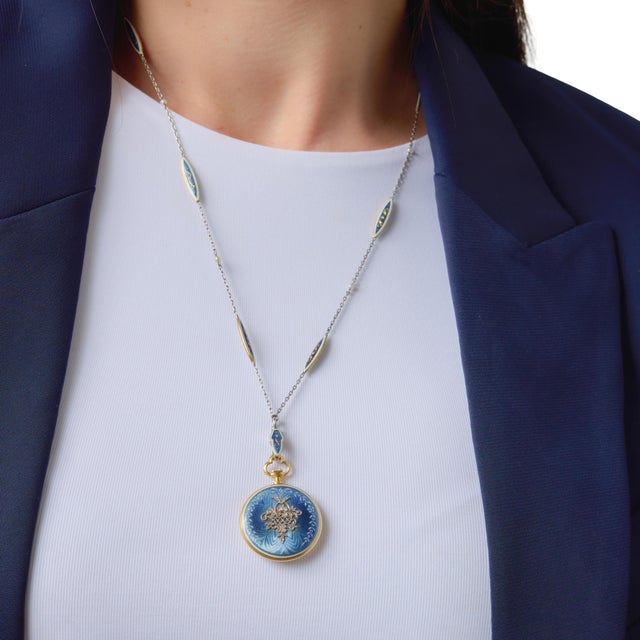 Early 20th Century French Belle Époque Guilloché Enamel Pocket Watch 18k Gold Necklace For Sale - Image 4 of 8