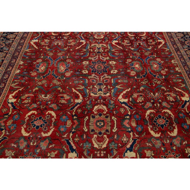 Textile 1920's Antique Floral Mahal Wool Rug Handmade in Red For Sale - Image 7 of 7