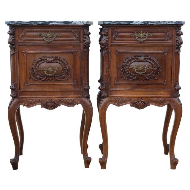 Antique Italian Walnut and Marble Bedside Tables, 1920s, Set of 2 For Sale - Image 3 of 10