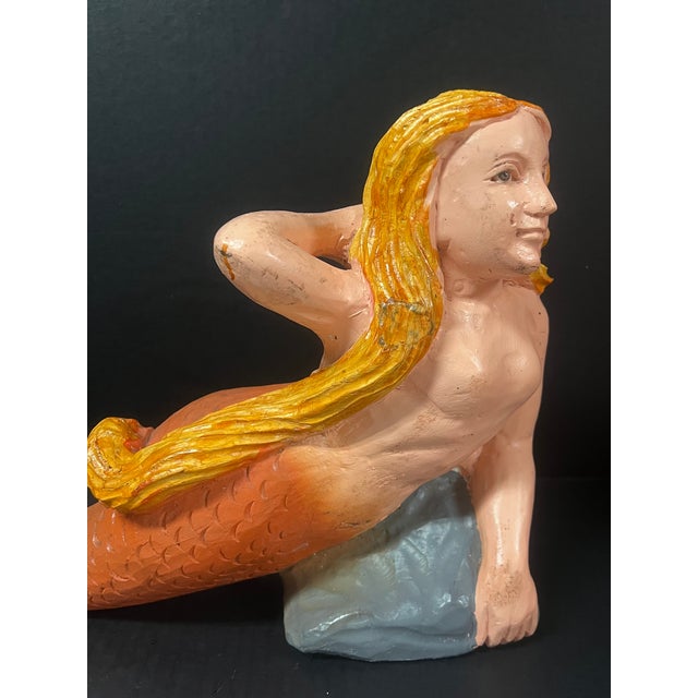 Folk Art Carved Wood Mermaid Sculpture With Gold Haier and Orange Tail and Glass Eyes For Sale - Image 4 of 10