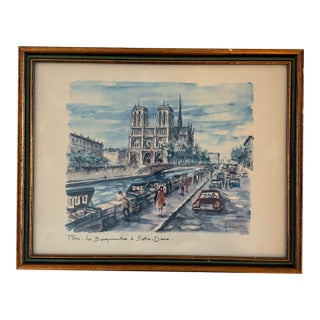 Mid-Century Arno Paris Notre-Dame Bouquinistes Framed Art Print For Sale