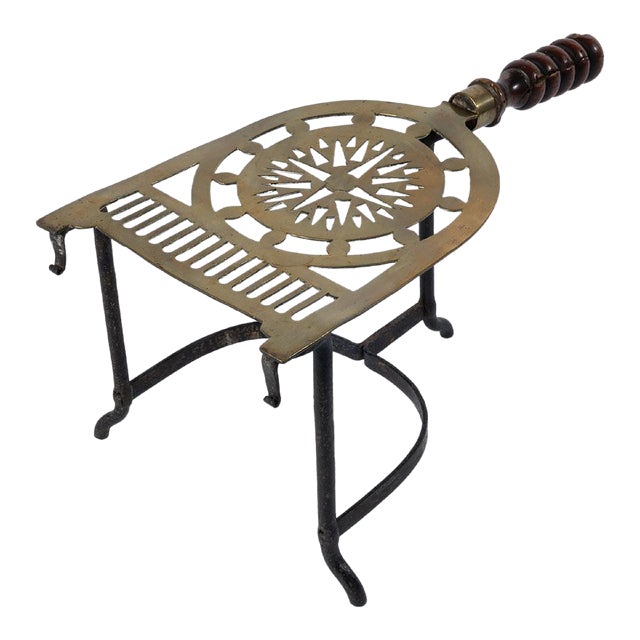 Antique Georgian Brass and Wrought Iron Hearth Trivet-Kettle Stand For Sale