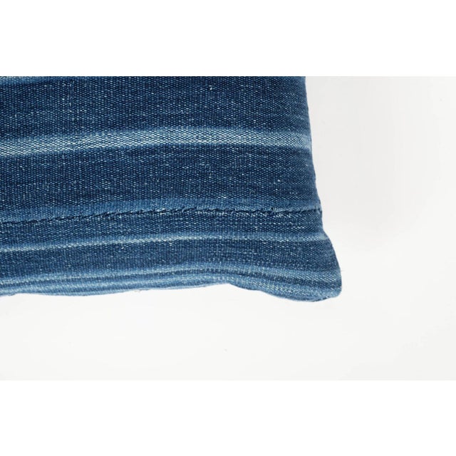 Blue Large Faded Indigo Tone-On-Tone Striped Lumbar Cushion For Sale - Image 8 of 11