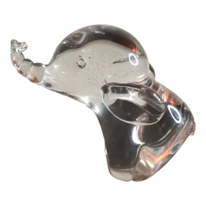 1960s Artist Signed Clear Art Glass Trunk Up Elephant Figurine