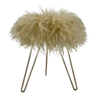 Mid-Century Modern Brass Tripod Hairpin Legged Lambswool Fur Stool, 1970s For Sale