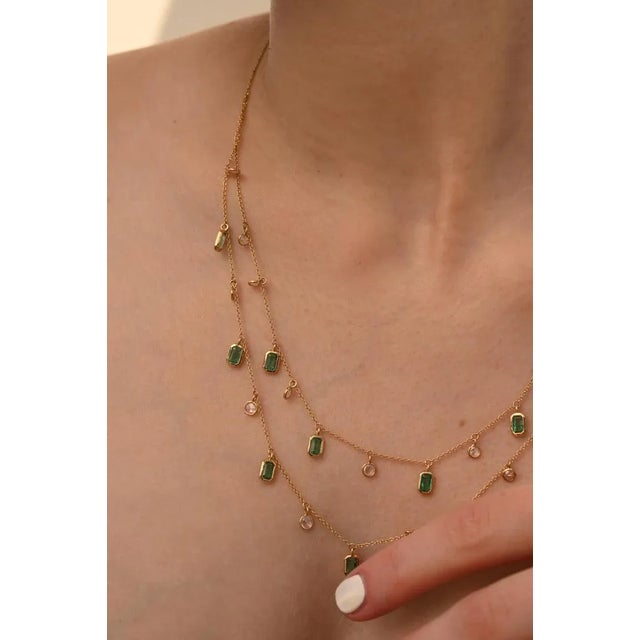 18k Solid Gold Emerald & Diamond Double Layered Charm Necklace for Women For Sale - Image 10 of 16