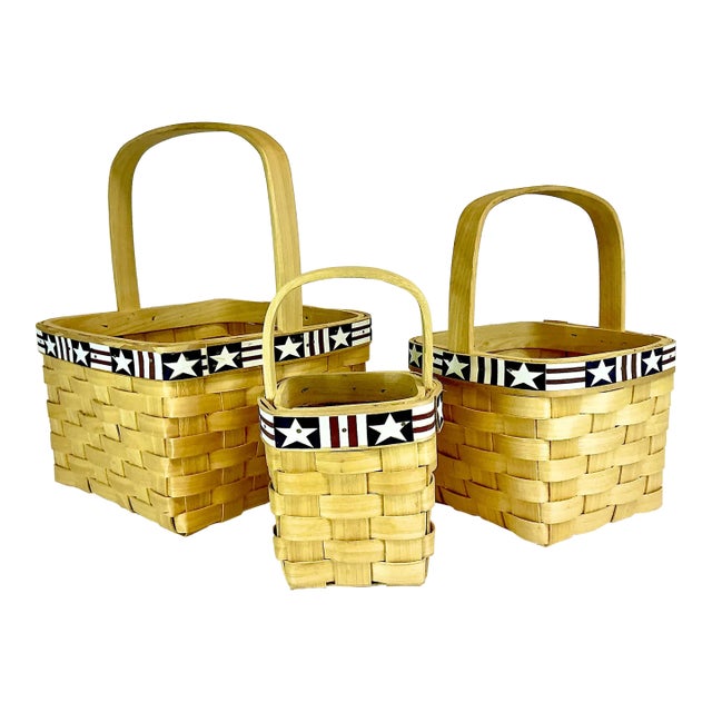 1980s Vintage Boho Chic Americana Maple Slat Baskets - Set of 3. For Sale