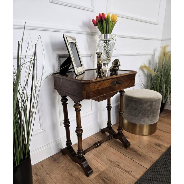 Antique Italian Inlaid Veneer Wood Sewing Side Table with Bobbin Barley Twist Legs, 1890s For Sale - Image 4 of 11