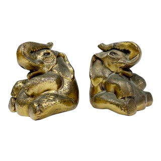 Mid 20th Century Vintage Solid Brass Elephant Bookends - a Pair For Sale