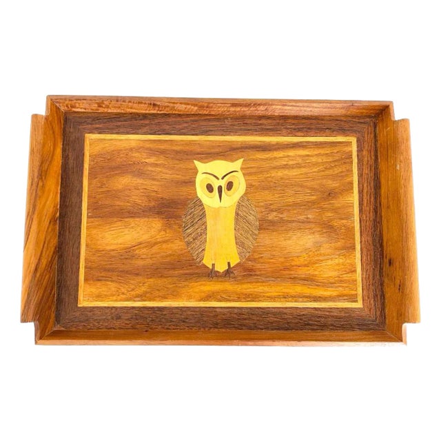 Vintage Inlaid Wood Serving Tray – Handcrafted Marquetry Owl Motif For Sale