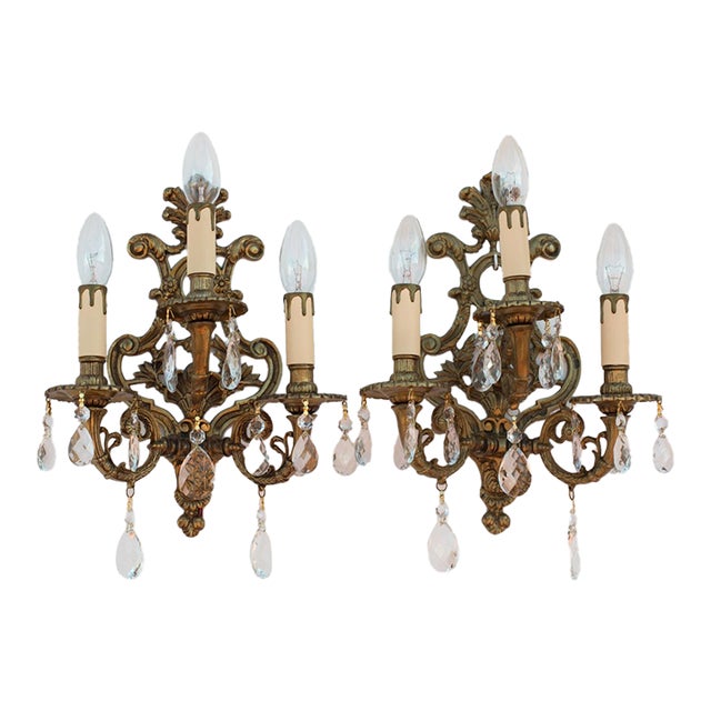 1950s Spanish Rococo Sand-Cast Brass 3-Light Sconces With Crystals - A Pair For Sale