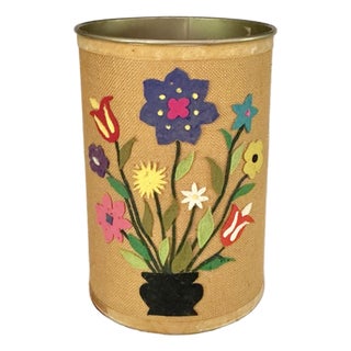 Vintage Ballonoff Wastebasket Burlap and Decorated Felt “Flower Power” Home Products For Sale
