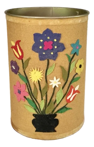 Vintage Ballonoff Wastebasket Burlap and Decorated Felt “Flower Power” Home Products