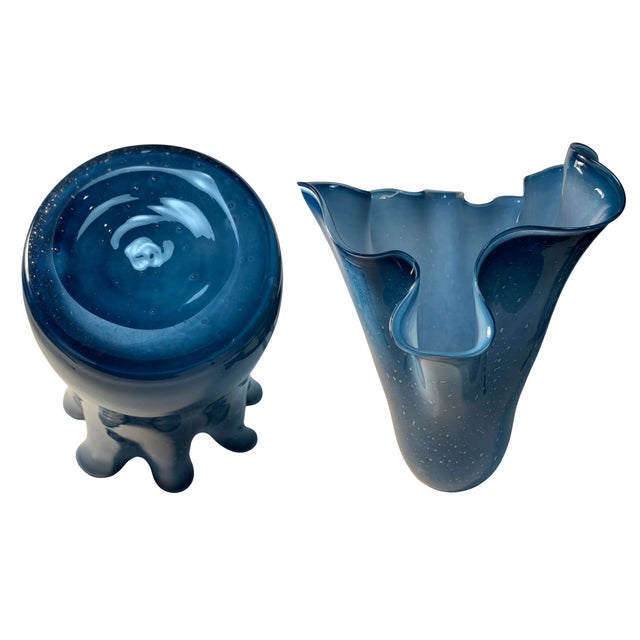 Large Blue Murano Ruffled Art Glass Vase For Sale - Image 12 of 12