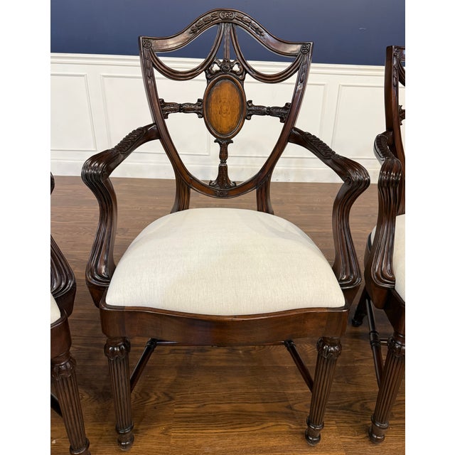 Wood Set of Four Inlaid Shieldback Dining Chairs With Arms - Showroom Samples For Sale - Image 7 of 12