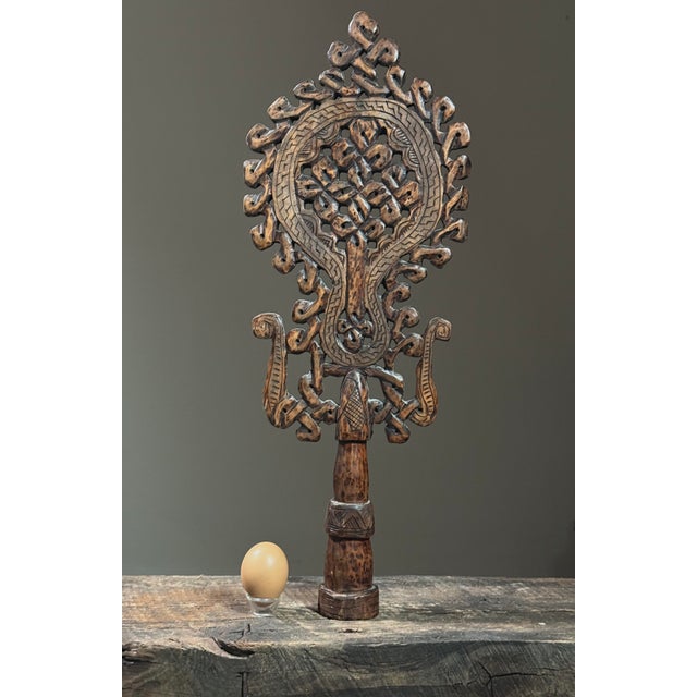 African Vintage Large Ethiopian Folk Art Coptic Hand Carved Cross Finial For Sale - Image 3 of 5